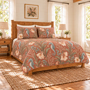 Muted clay seahorse and coral bells quilt set left angle