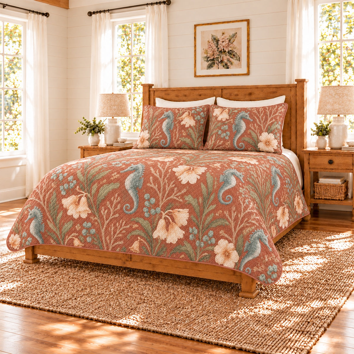 Muted clay seahorse and coral bells quilt set right angle