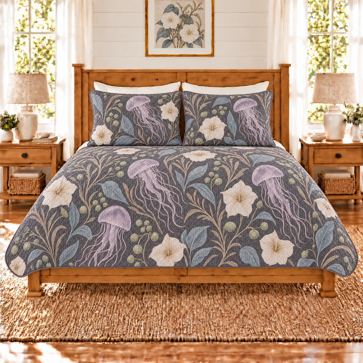 Soft charcoal jellyfish and moonflower quilt set, front view