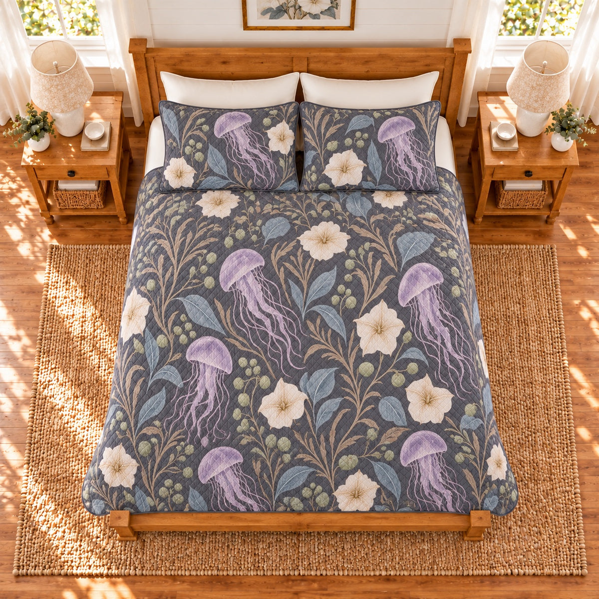 Soft charcoal jellyfish and moonflower quilt set, elevated overhead view