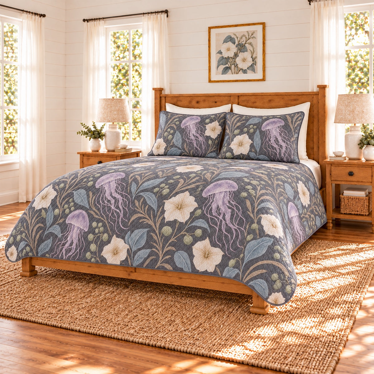 Soft charcoal jellyfish and moonflower quilt set, right angle