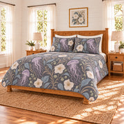 Soft charcoal jellyfish and moonflower quilt set, right angle