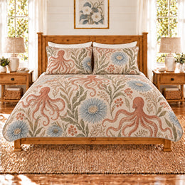 Warm Linen Octopus & Sea Anemone Quilt Set, Gift for Ocean and Anemone Fans