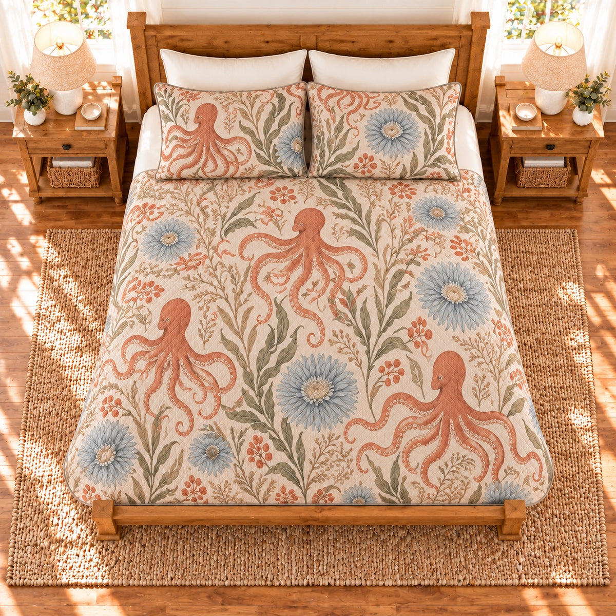 Warm linen octopus and sea anemone quilt set, elevated overhead view