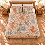 Warm linen octopus and sea anemone quilt set, elevated overhead view