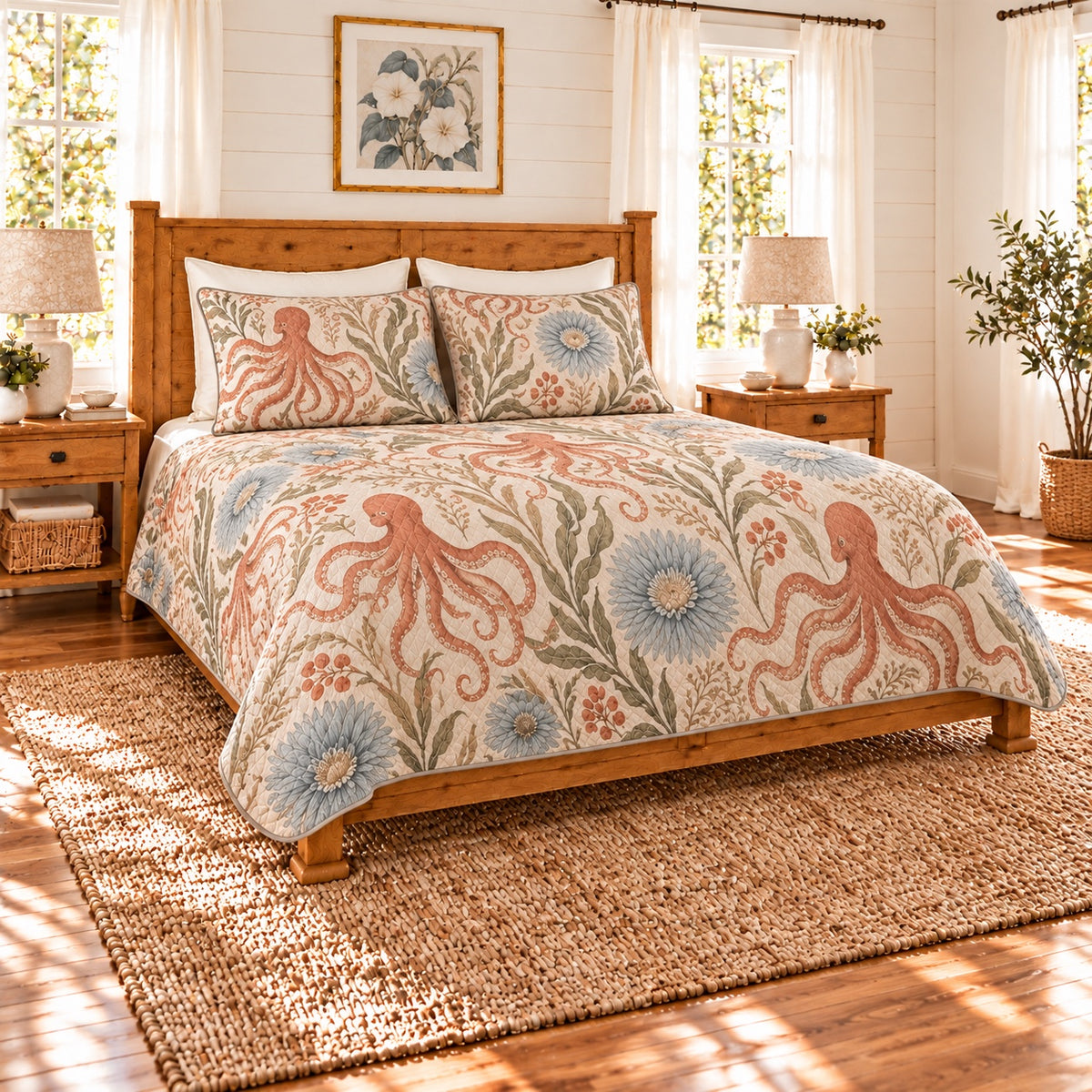 Warm linen octopus and sea anemone quilt set, left angle