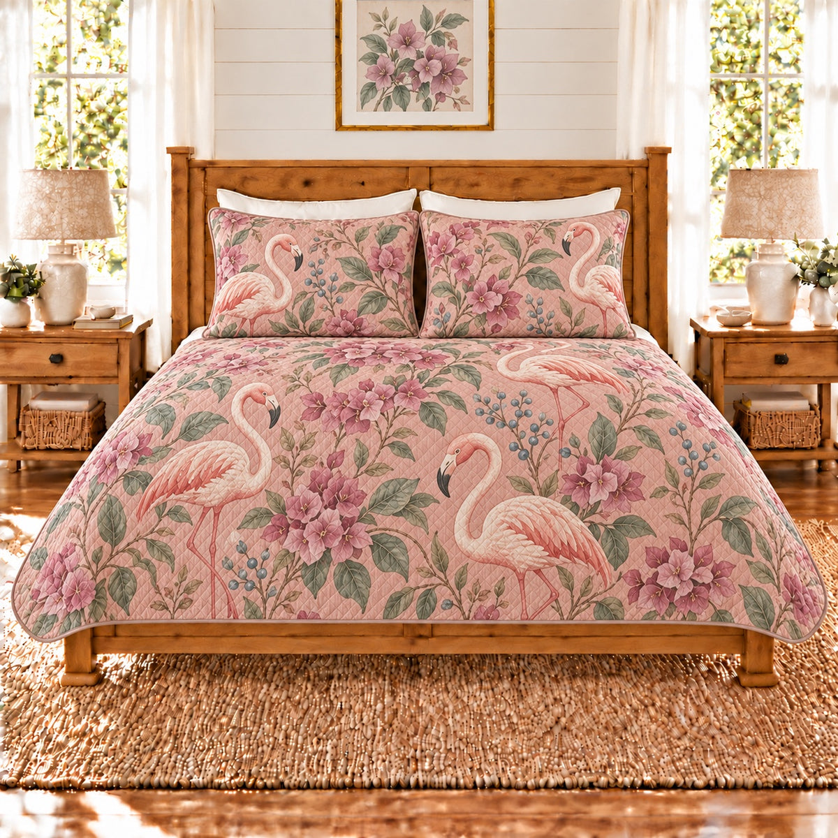 Dusty rose flamingo and bougainvillea quilt set, front view
