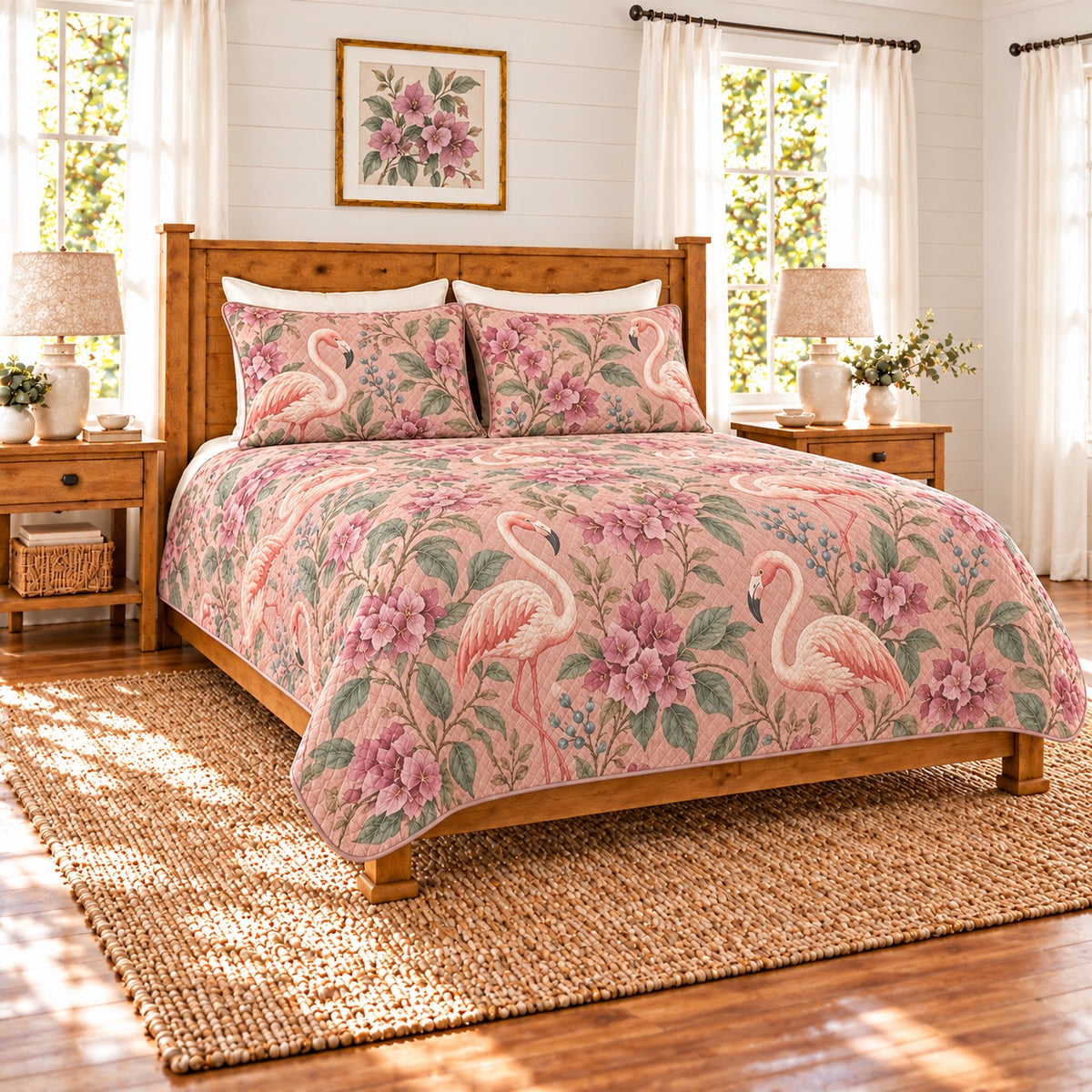 Dusty rose flamingo and bougainvillea quilt set, left angle