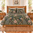 Deep Moss Peacock & Camellia Quilt Set, Gift for Peacock and Camellia Fans
