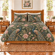 Deep moss peacock and camellia quilt set, front view