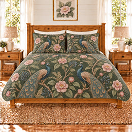 Deep Moss Peacock & Camellia Quilt Set, Gift for Peacock and Camellia Fans