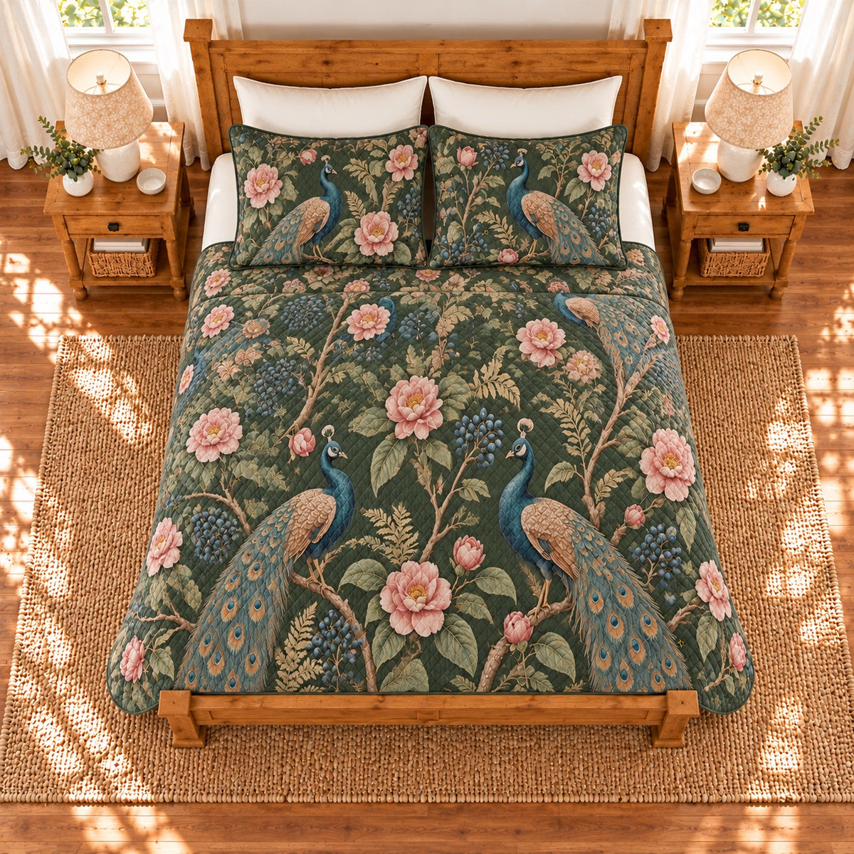 Deep moss peacock and camellia quilt set, elevated overhead view
