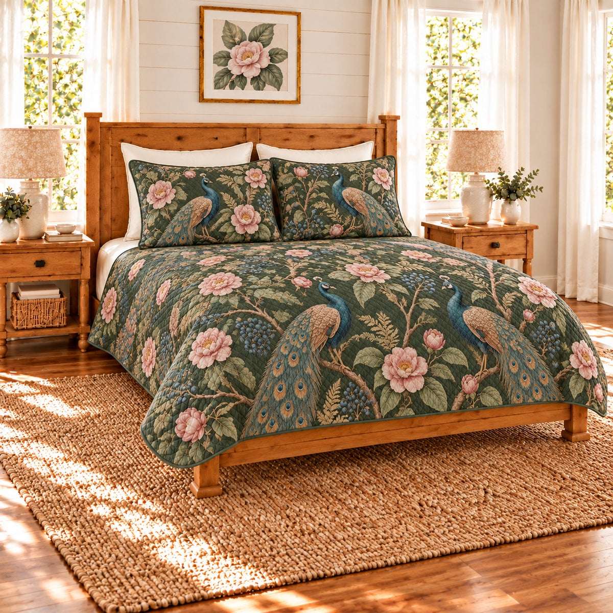 Deep moss peacock and camellia quilt set, left angle