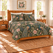 Deep moss peacock and camellia quilt set, left angle