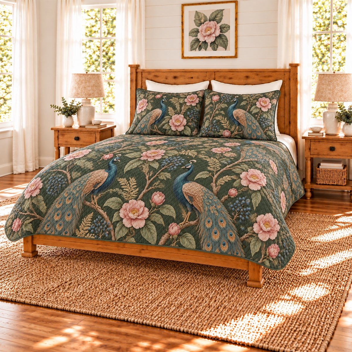 Deep moss peacock and camellia quilt set, right angle