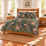 Deep moss peacock and camellia quilt set, right angle