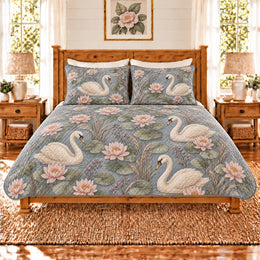 Fog Blue Swan & Water Lily Quilt Set, Gift for Swan and Water Lily Fans
