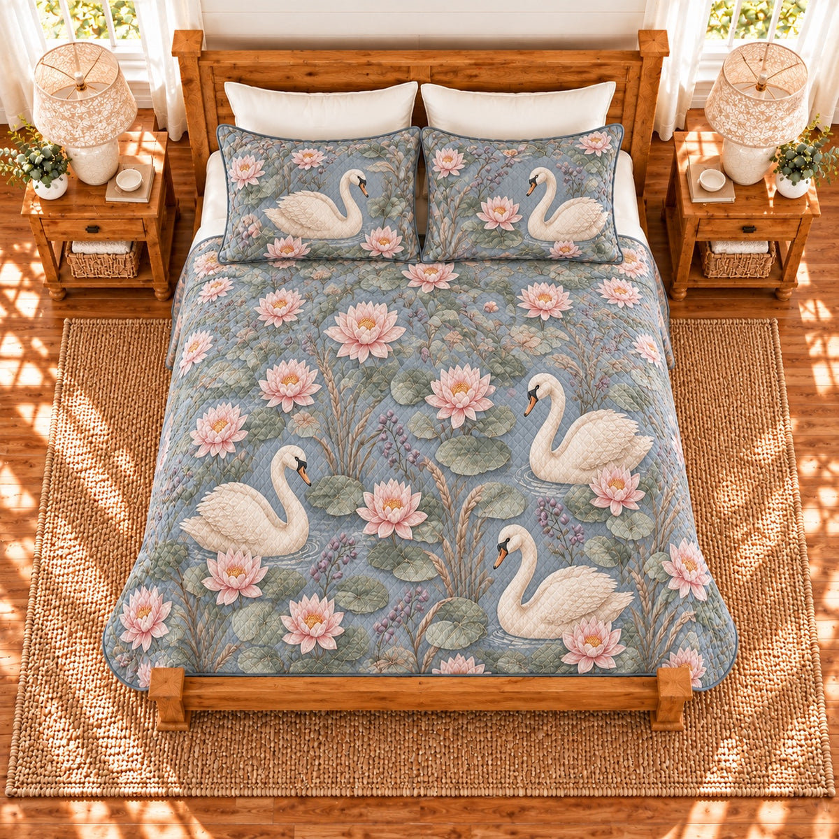 Fog blue swan and water lily quilt set, elevated overhead view