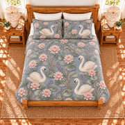 Fog blue swan and water lily quilt set, elevated overhead view