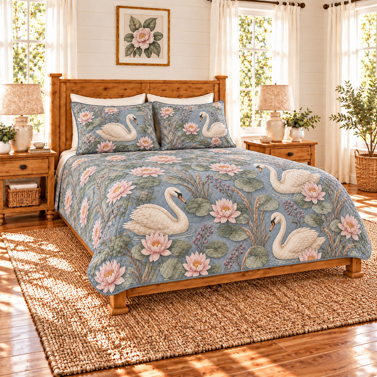 Fog blue swan and water lily quilt set, left angle