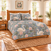 Fog blue swan and water lily quilt set, left angle