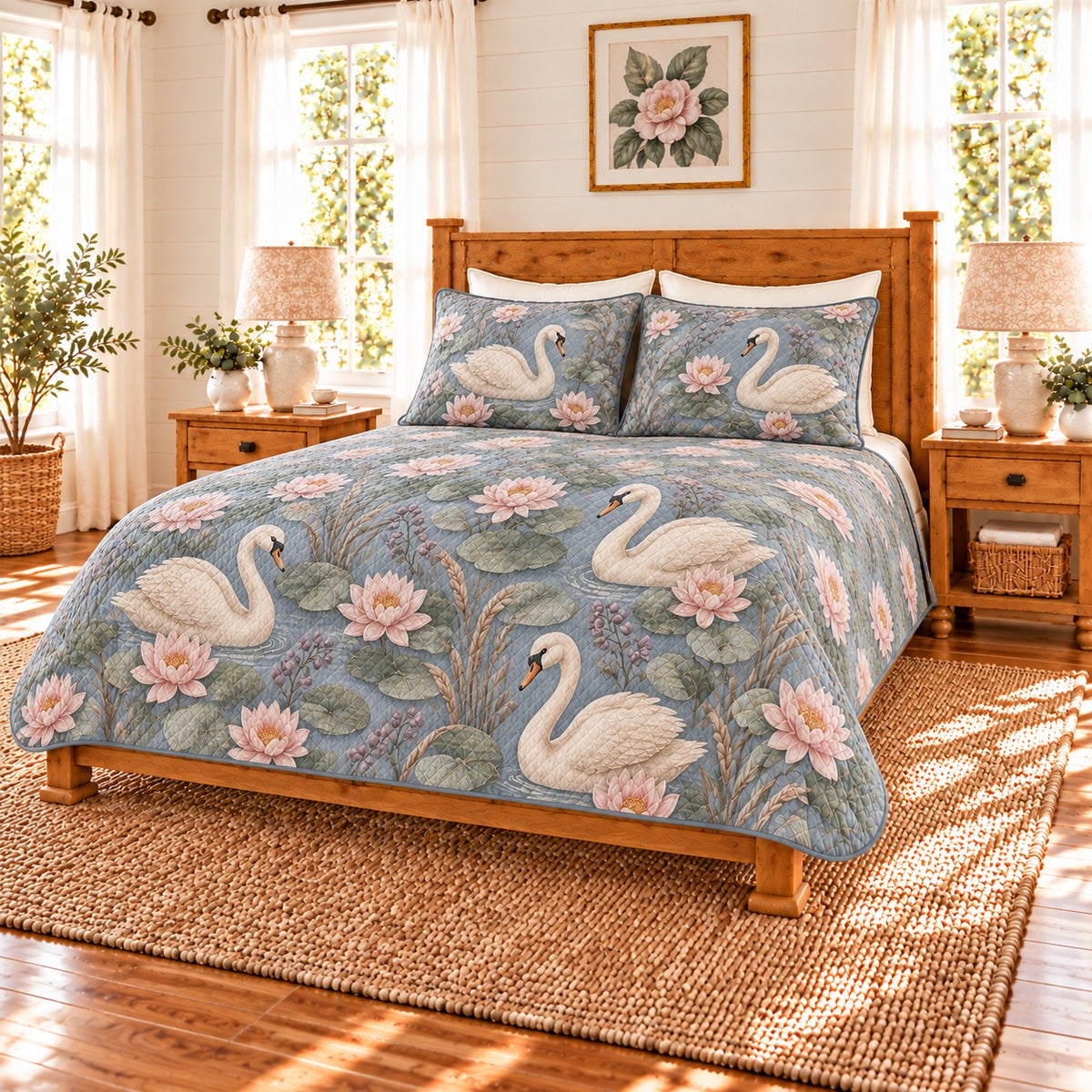 Fog blue swan and water lily quilt set, right angle