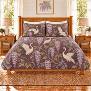 Muted plum crane and wisteria quilt set, front view