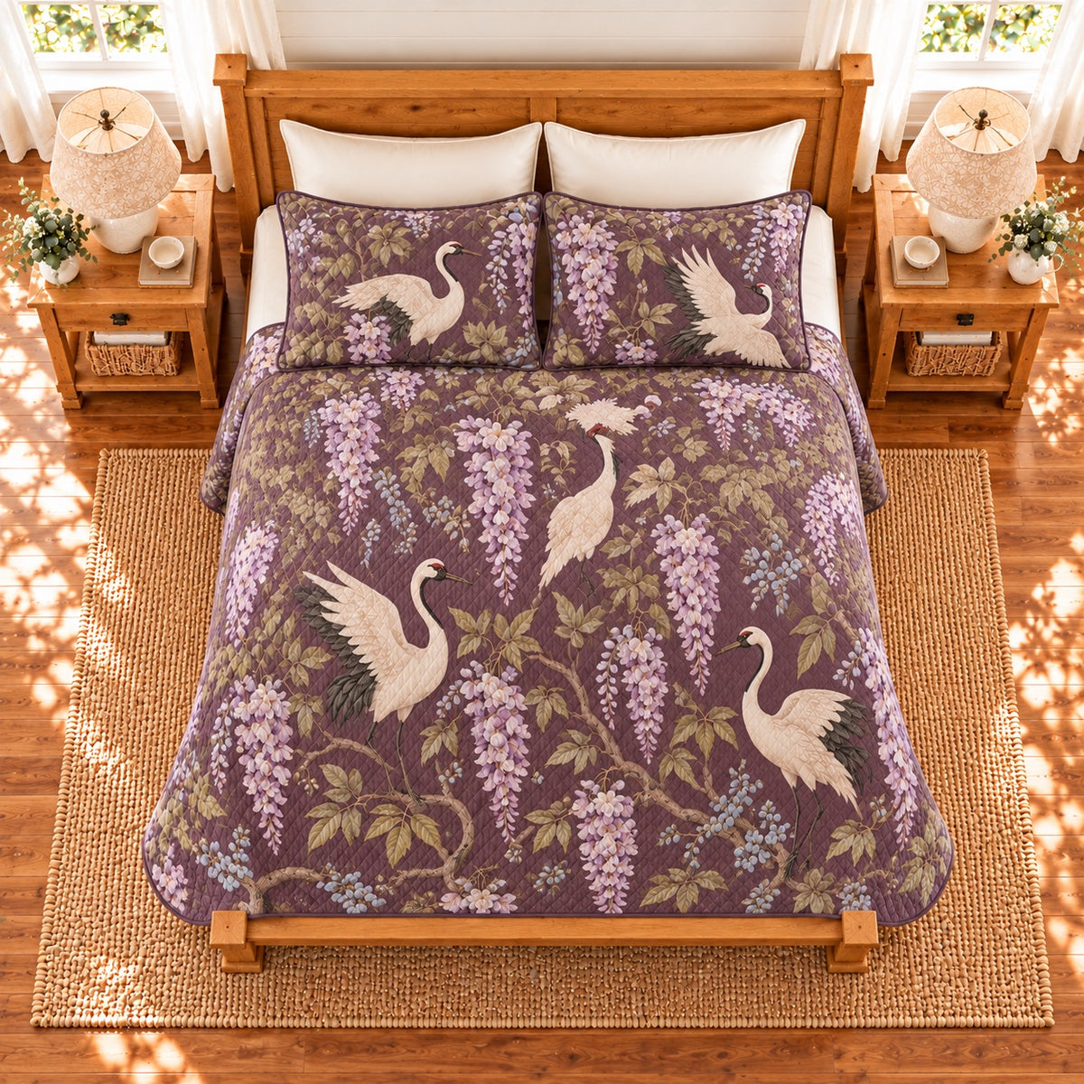 Muted plum crane and wisteria quilt set, elevated overhead view