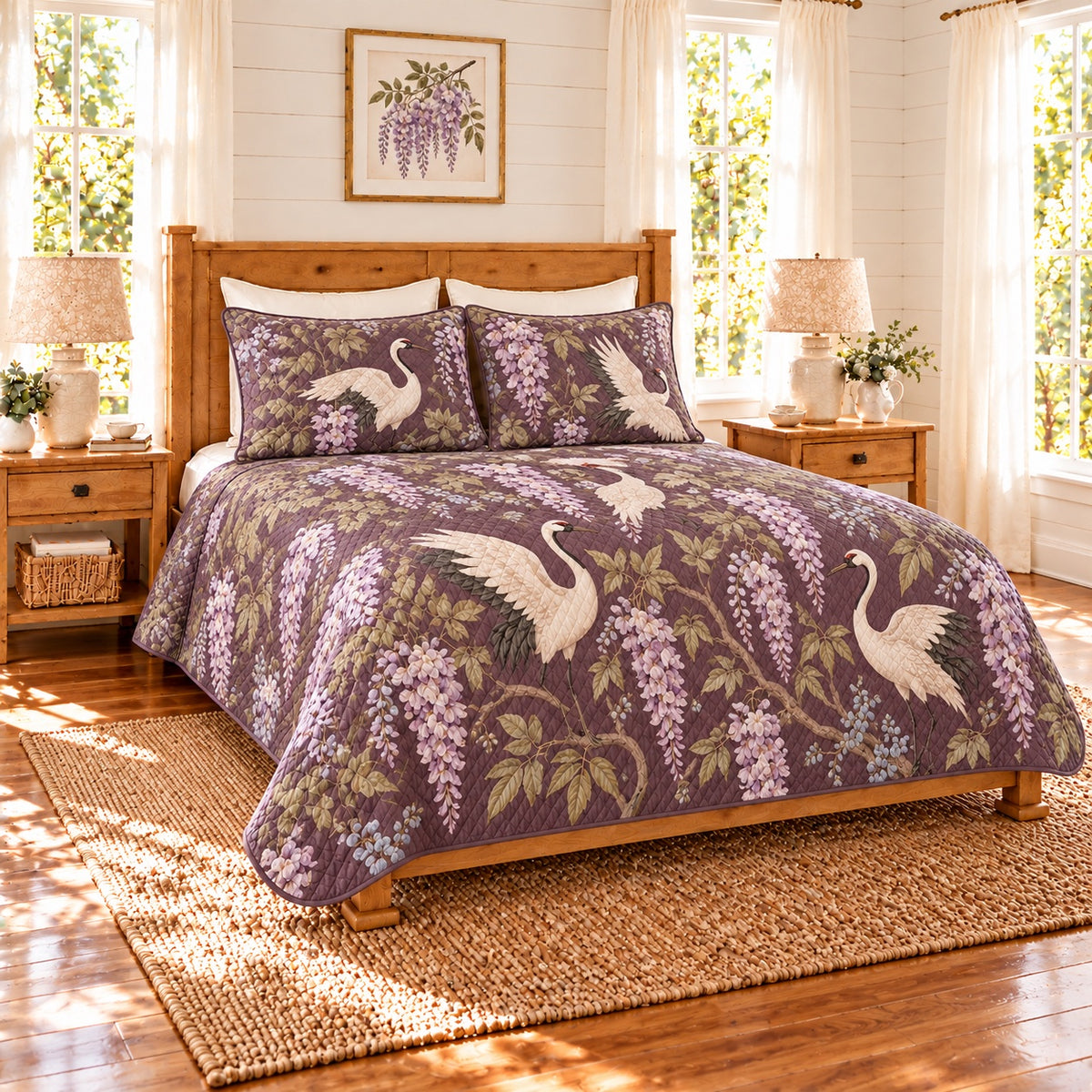 Muted plum crane and wisteria quilt set, left angle