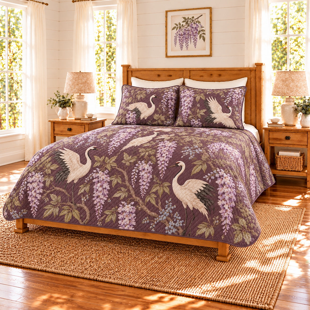 Muted plum crane and wisteria quilt set, right angle
