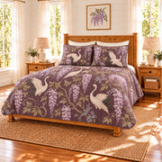 Muted plum crane and wisteria quilt set, right angle