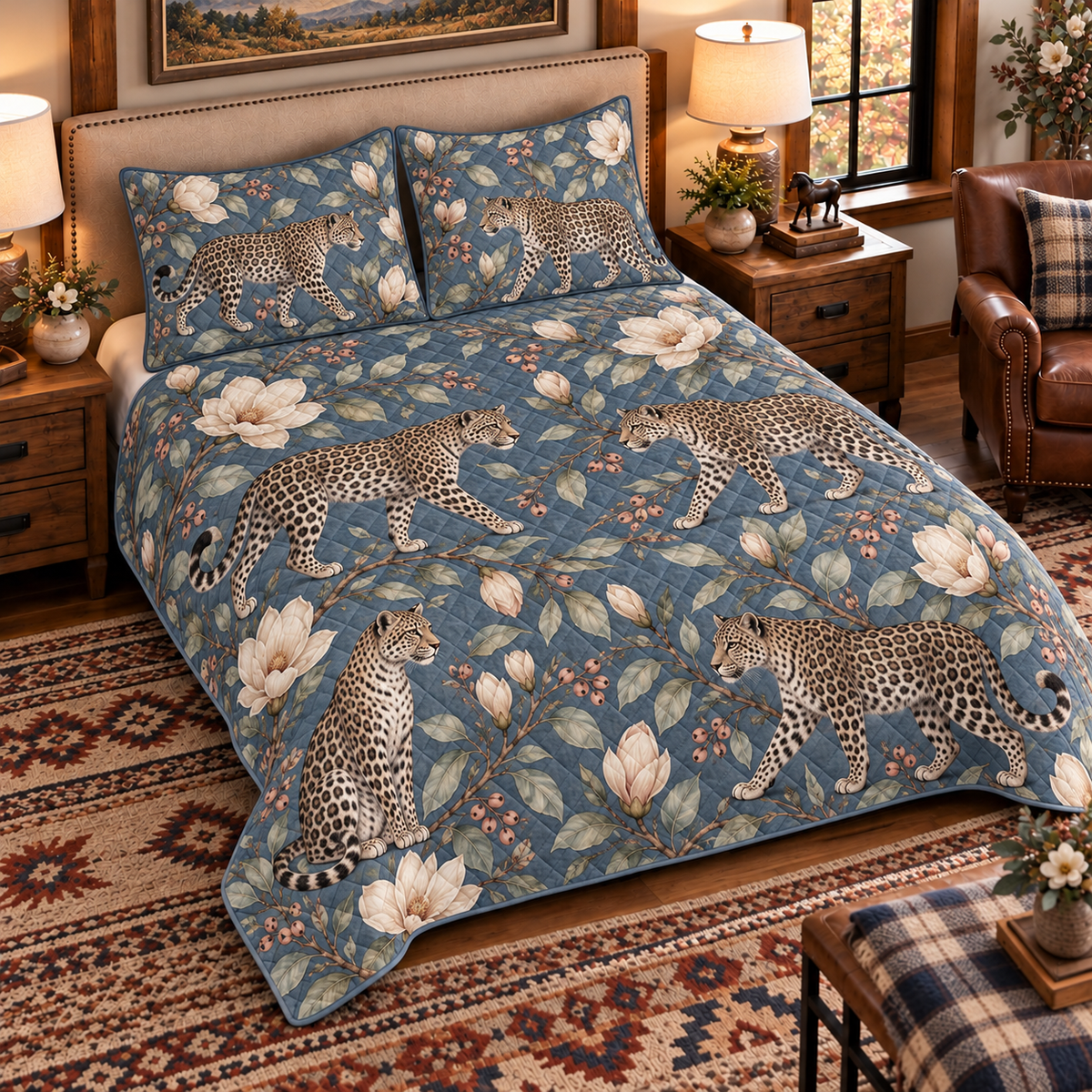 smoky blue leopard and magnolia quilt set, left angle hero view