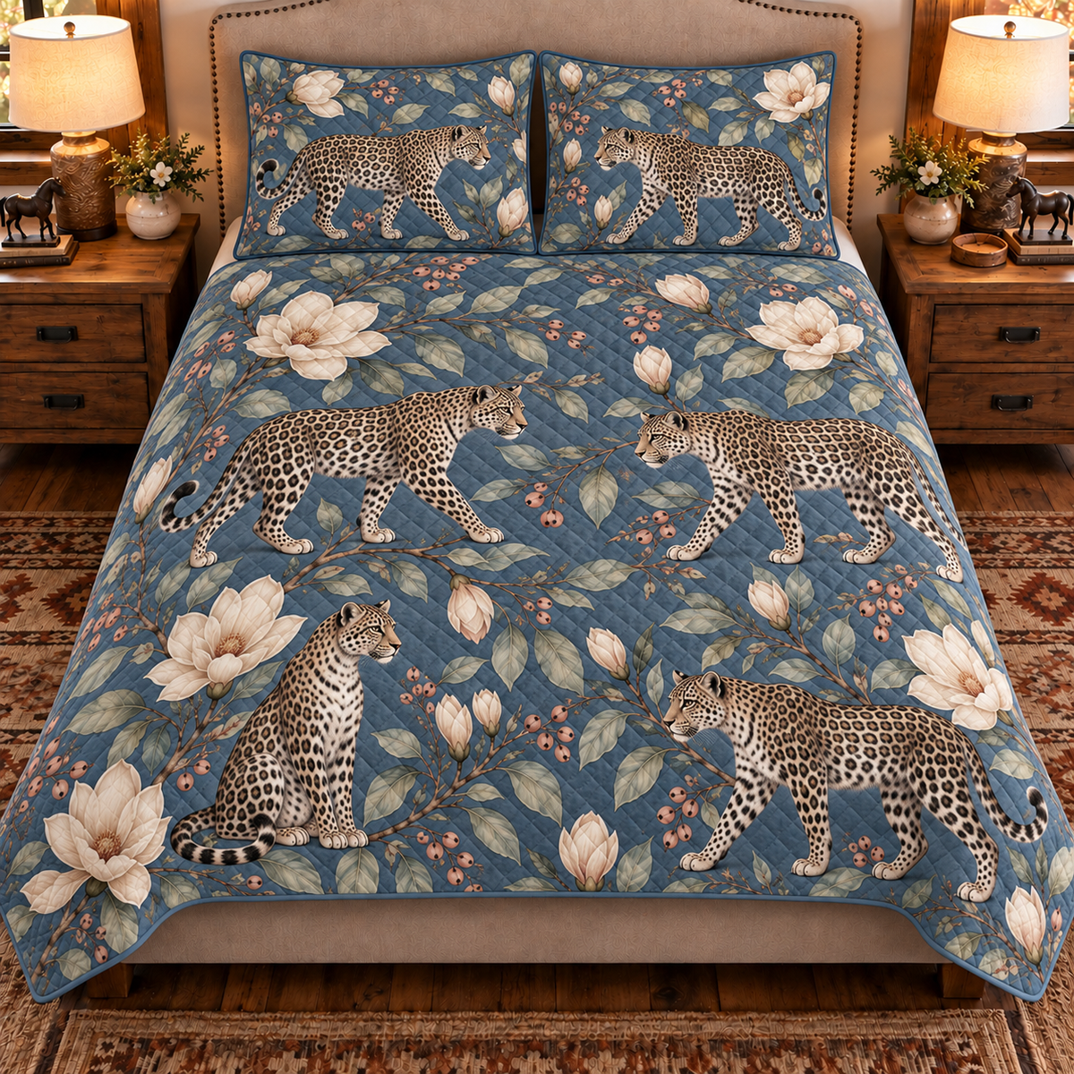 smoky blue leopard and magnolia quilt set, front view