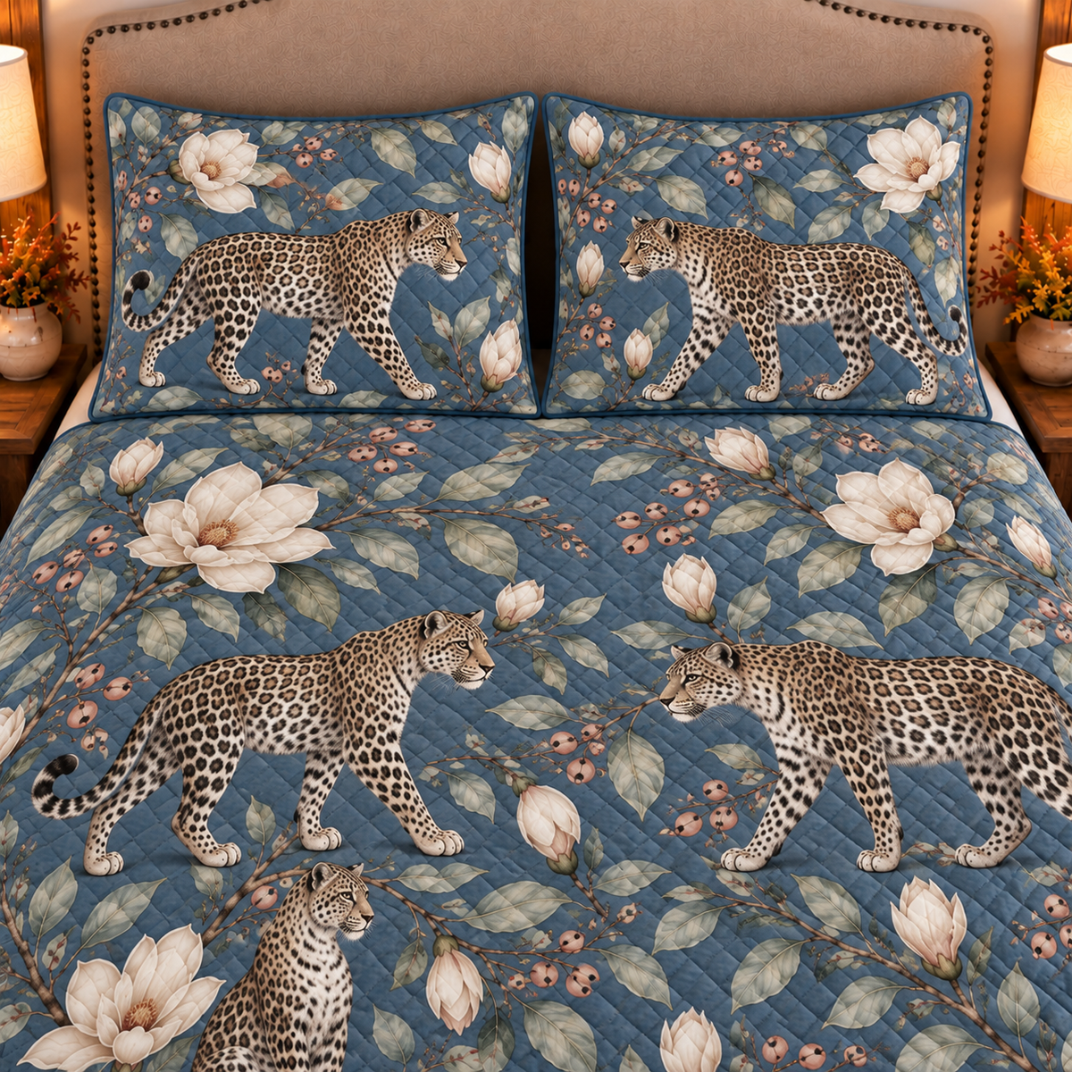 smoky blue leopard and magnolia quilt set, closeup view