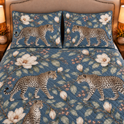 smoky blue leopard and magnolia quilt set, closeup view