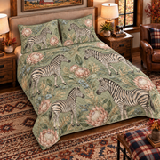 muted sage zebra and protea quilt set, left angle hero view