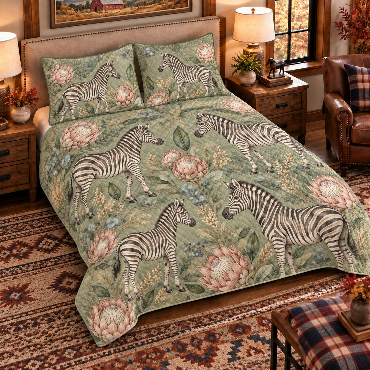 muted sage zebra and protea quilt set, left angle hero view