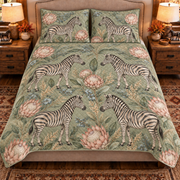 muted sage zebra and protea quilt set, front view