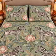 muted sage zebra and protea quilt set, closeup view