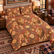 warm terracotta lion and marigold quilt set, left angle hero view