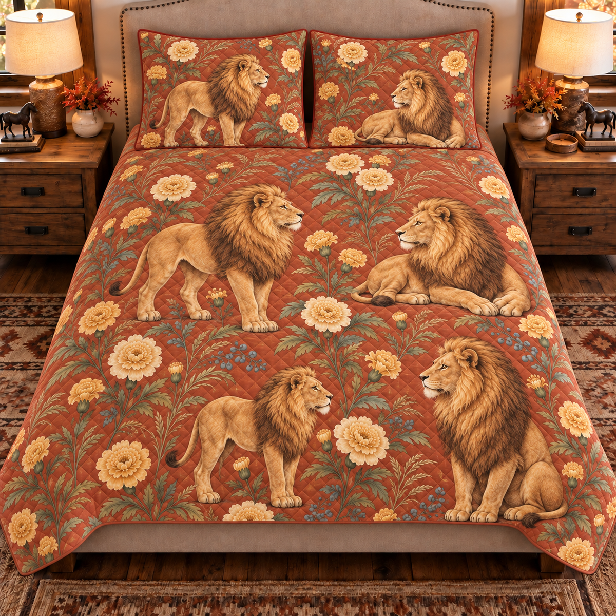 warm terracotta lion and marigold quilt set, front view