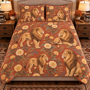 warm terracotta lion and marigold quilt set, front view