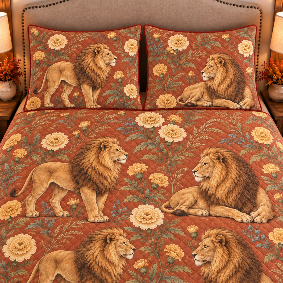 warm terracotta lion and marigold quilt set, closeup view