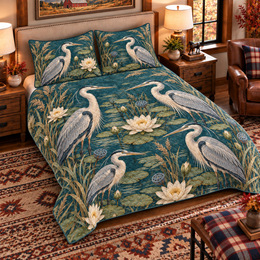 Deep Teal Heron and Water Lily Quilt Set, Gift for Heron and Water Lily Lovers