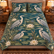 deep teal heron and water lily quilt set, front view