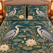 deep teal heron and water lily quilt set, closeup view