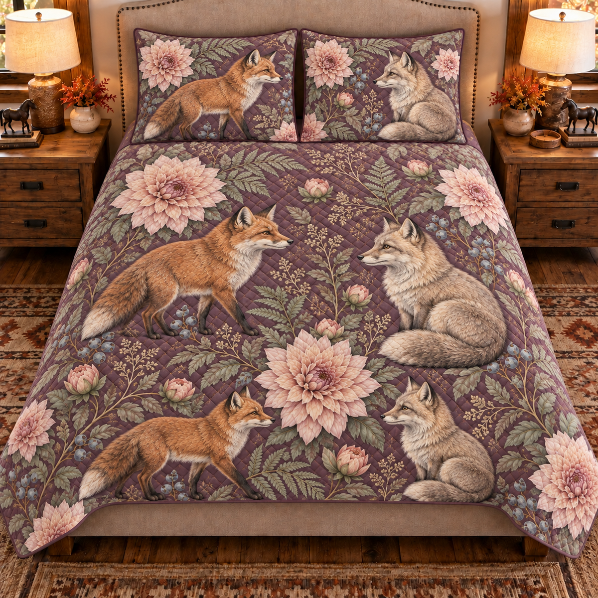 muted plum fox and dahlia quilt set, front view