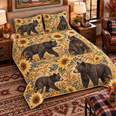 Warm Ochre American Black Bear and Sunflower Quilt Set, Gift for American Black Bear and Sunflower Lovers
