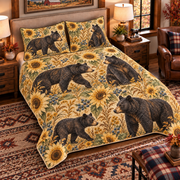 warm ochre american black bear and sunflower quilt set, left angle hero view