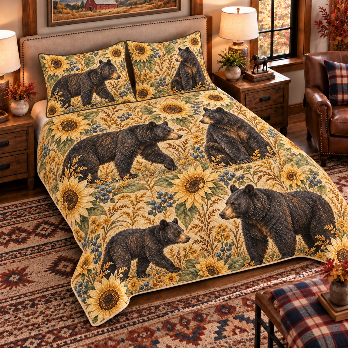 warm ochre american black bear and sunflower quilt set, left angle hero view